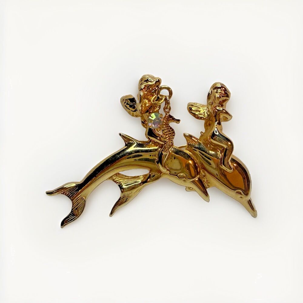 Vintage Kirks Folly Singed Cherubs Riding Dolphin Seahorse Crystal Dangle Brooch